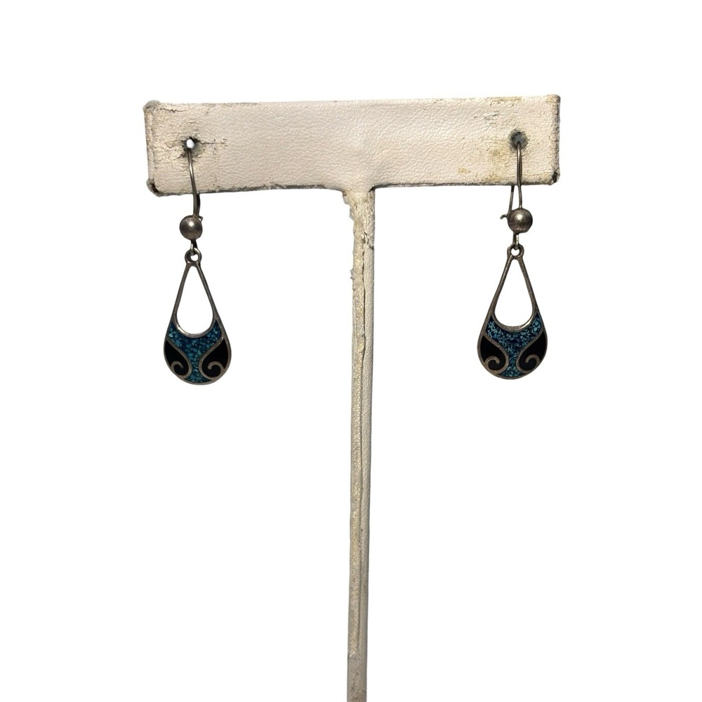Vintage Taxco Sterling Silver Turquoise Chip Onyx Scroll Pierced Dangle Earrings